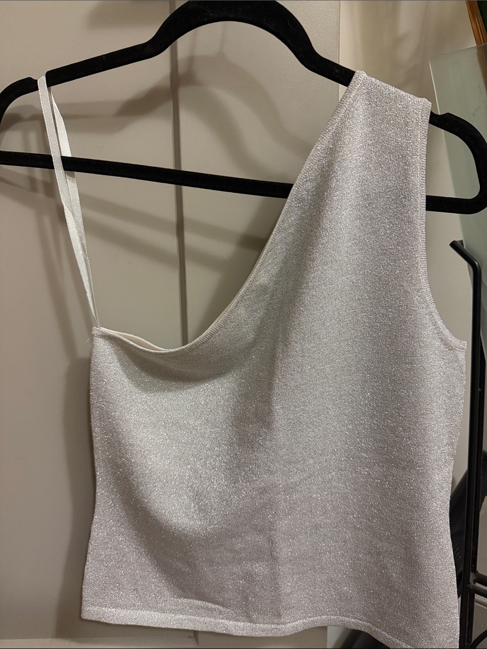 Express One-Shoulder Metallic Tank Top in Silver